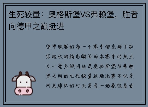 生死较量：奥格斯堡VS弗赖堡，胜者向德甲之巅挺进