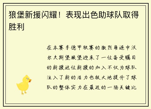 狼堡新援闪耀！表现出色助球队取得胜利